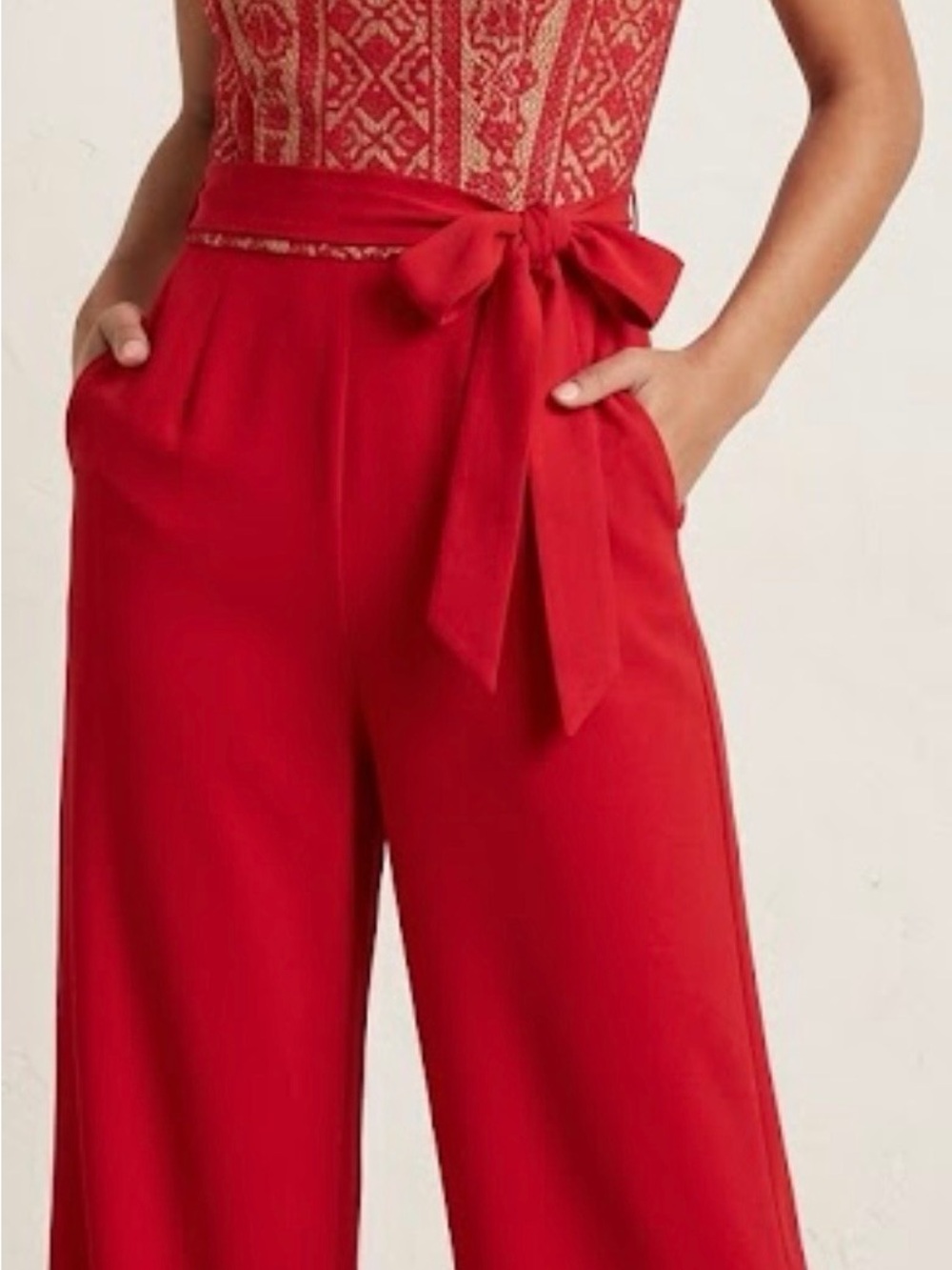 Francesca's Collections Red Wide-Leg Jumpsuit with Self Tie
